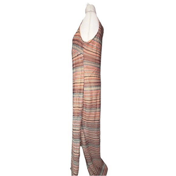 Women's Nina Leonard Crochet Striped Halter Maxi Dress LG  Coral Turquoise Boho - Picture 5 of 16